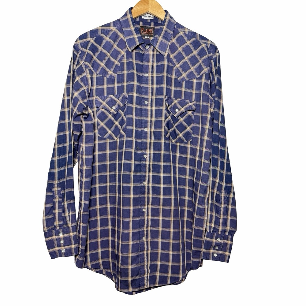 Plains Western Wear Mens LT Tall Blue Plaid Pearl Snap Shirt Cowboy Ranch Rodeo
